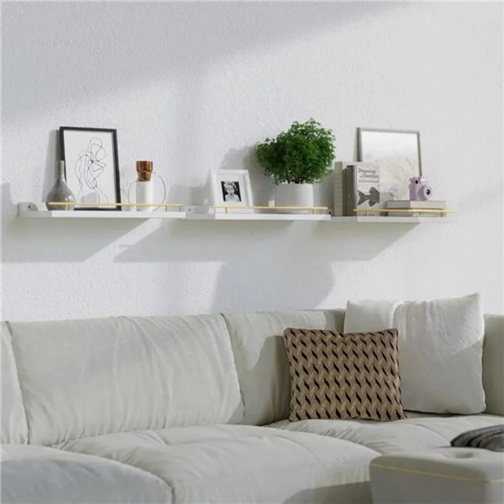 Set of 3 Shelves Gold Metal Guardrail Wall Shelves Bedroom Bathroom